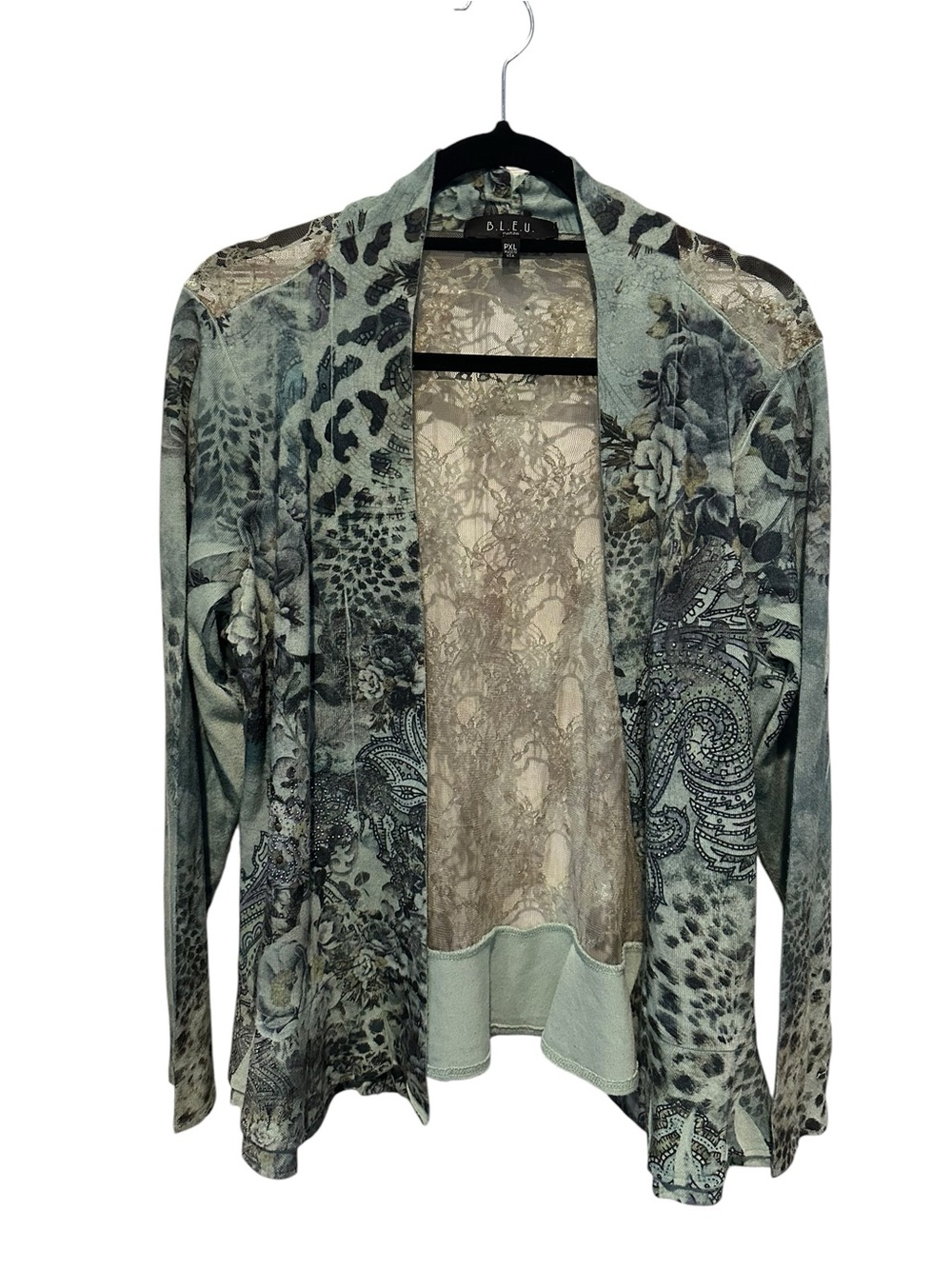B.L.E.U. Petites Open-Front Floral Paisley Cardigan in Sage Green
